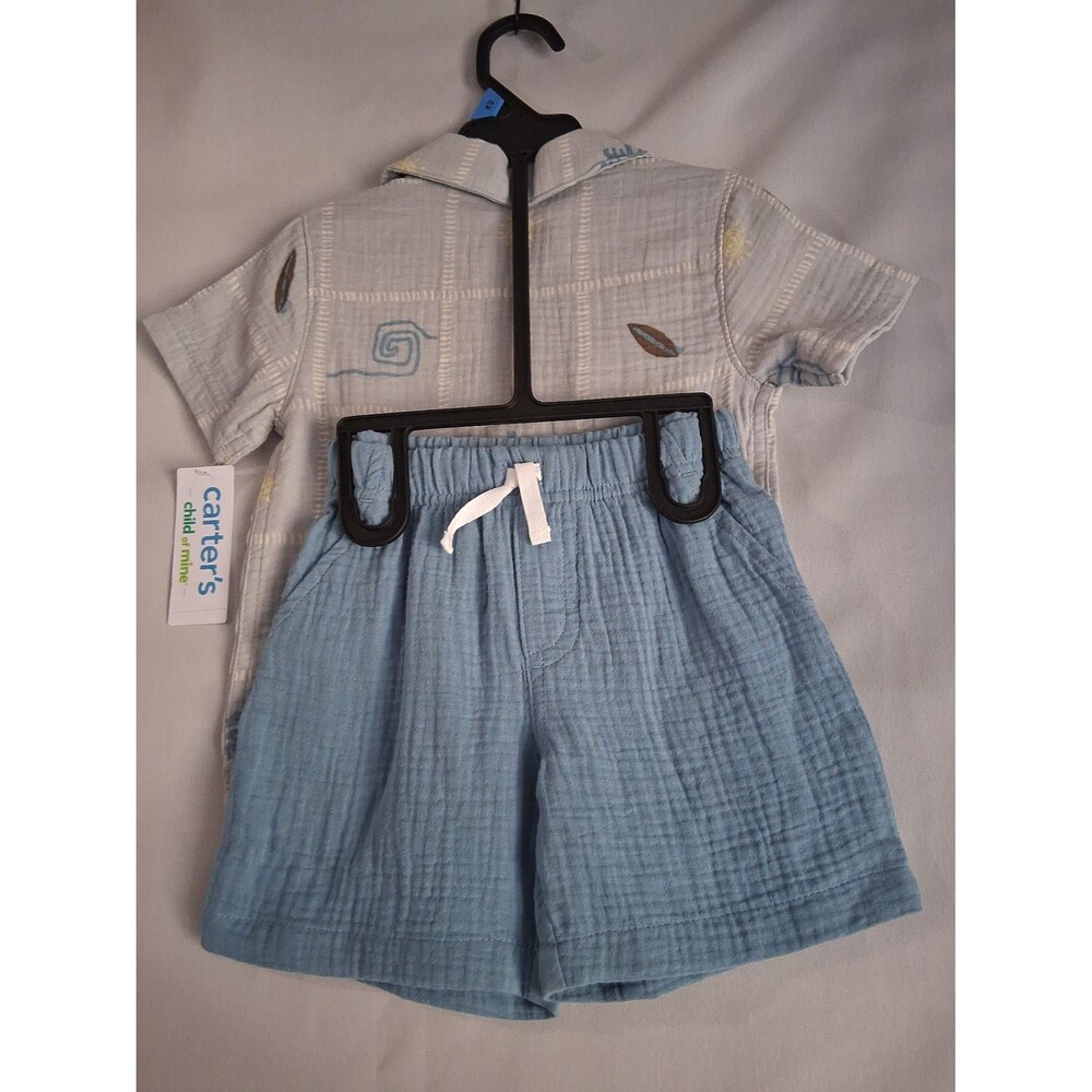 Carter's 24M Blue Hawaiian Print Button-Up Shirt & Shorts Set – New with Tags - Picture 4 of 6